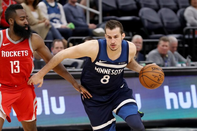 MINNEAPOLIS, MN - APRIL 23: Nemanja Bjelica #8 of the Minnesota Timberwolves handles the ball against the Houston Rockets in Game Four of Round One of the 2018 NBA Playoffs on April 23, 2018 at Target Center in Minneapolis, Minnesota. NOTE TO USER: User expressly acknowledges and agrees that, by downloading and or using this Photograph, user is consenting to the terms and conditions of the Getty Images License Agreement. Mandatory Copyright Notice: Copyright 2018 NBAE (Photo by Jordan Johnson/NBAE via Getty Images)