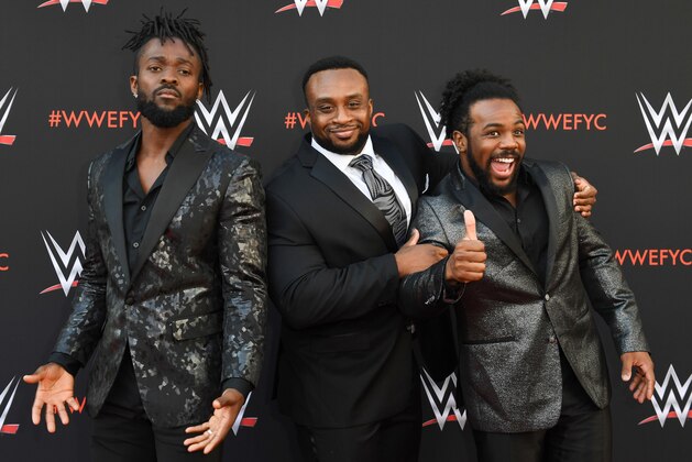 Wrestlers Kofi Kingston (L), Big E (C) and Xavier Woods (R) of 'The New Day' arrive at the first-ever WWE Emmy For Your Consideration event at the TV Academy  Saban Media Center, in North Hollywood (near Los Angeles), on June 6, 2018 (Photo by VALERIE MACON / AFP)        (Photo credit should read VALERIE MACON/AFP/Getty Images)