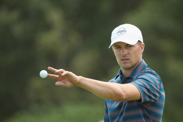 CARNOUSTIE, SCOTLAND - JULY 18:  Jordan Spieth of the United States catches a ball on the eighth hole during previews to the 147th Open Championship at Carnoustie Golf Club on July 18, 2018 in Carnoustie, Scotland.  (Photo by Francois Nel/Getty Images)