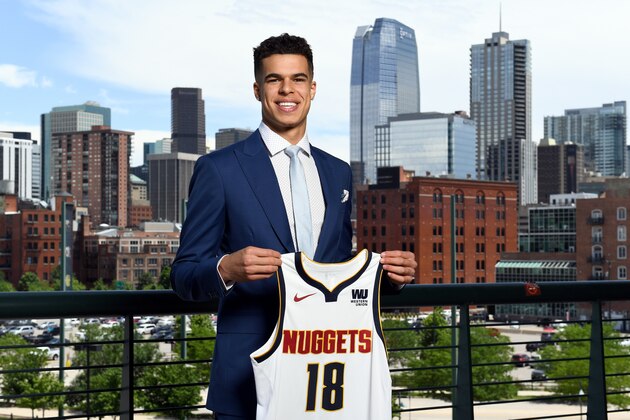 DENVER, CO - JUNE 22: Denver Nuggets draft pick, Michael Porter Jr., poses for a photo during a press conference on June 22, 2018 at the Pepsi Center in Denver, Colorado. NOTE TO USER: User expressly acknowledges and agrees that, by downloading and/or using this photograph, user is consenting to the terms and conditions of the Getty Images License Agreement. Mandatory Copyright Notice: Copyright 2018 NBAE (Photo by Garrett Ellwood/NBAE via Getty Images)