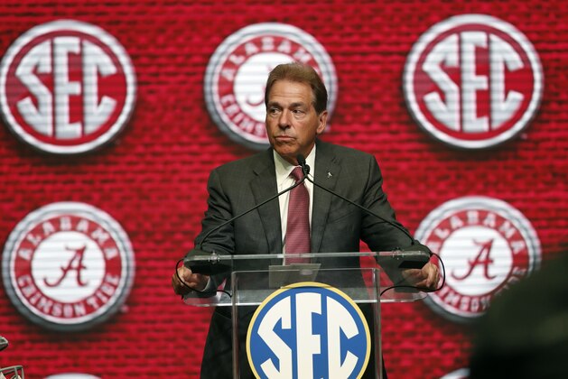 NCAA college football head coach Nick Saban of Alabama speaks during the Southeastern Conference Media Days Wednesday, July 18, 2018, in Atlanta. (AP Photo/John Bazemore)