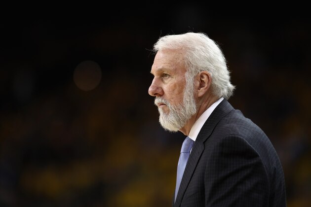 OAKLAND, CA - APRIL 16:  Head coach Gregg Popovich of the San Antonio Spurs stands on the side of the court during their game against the Golden State Warriors during Game 2 of Round 1 of the 2018 NBA Playoffs at ORACLE Arena on April 16, 2018 in Oakland, California. NOTE TO USER: User expressly acknowledges and agrees that, by downloading and or using this photograph, User is consenting to the terms and conditions of the Getty Images License Agreement.  (Photo by Ezra Shaw/Getty Images)