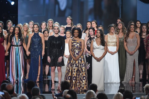 LOS ANGELES, CA - JULY 18:  (L-R) Sarah Klein, Tiffany Thomas Lopez, Aly Raisman and recipients of the Arthur Ashe Award for Courage speak onstage at The 2018 ESPYS at Microsoft Theater on July 18, 2018 in Los Angeles, California.  (Photo by Kevork Djansezian/Getty Images)