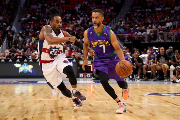 DETROIT, MI - JULY 13:  Mahmoud Abdul-Rauf #7 of the 3 Headed Monsters dribbles the ball while being guarded by Robert Hite #22 of Tri-State during BIG3 - Week Four at Little Caesars Arena on July 13, 2018 in Detroit, Michigan. (Photo by Gregory Shamus/BIG3/Getty Images)