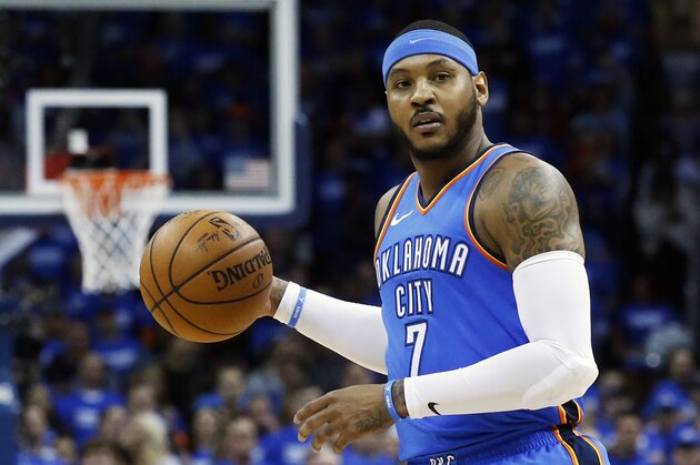 FILE - This is an April 25, 2018, file photo showing Oklahoma City Thunder forward Carmelo Anthony (7) during Game 5 of an NBA basketball first-round playoff series against the Utah Jazz, in Oklahoma Cit. Carmelo Anthony has played his last game for the Oklahoma City Thunder, barring a massive change of plans. A person with knowledge of the negotiations said Friday, July 6, 2018, that Anthony and the Thunder have mutually decided that he will not be on the team next season, though it remains unclear how that departure will actually happen. The person spoke on condition of anonymity to The Associated Press because no buyout, trade or waiving has been executed. (AP Photo/Sue Ogrocki, File)
