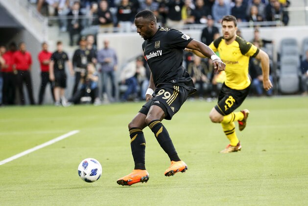 Los Angeles FC forward Adama Diomande (99) of Norway, inactions during an international friendly soccer game between Los Angeles FC and Borussia Dortmund in Los Angeles, Tuesday, May 22, 2018. The game ended in a 1-1 draw. (AP Photo/Ringo H.W. Chiu)