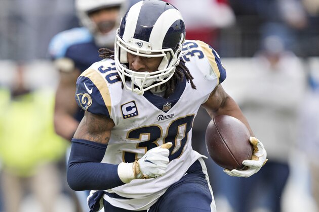 NASHVILLE, TN - DECEMBER 24:  Todd Gurley II #30 of the Los Angeles Rams runs the ball during a game against the Tennessee Titans at Nissan Stadium on December 24, 2017 in Nashville, Tennessee.  The Rams defeated the Titans 27-23.  (Photo by Wesley Hitt/Getty Images)