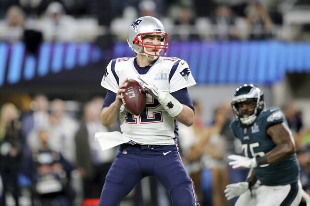 New England Patriots quarterback Tom Brady in action against the Philadelphia Eagles at Super Bowl 52 on Sunday, February 4, 2018 in Minneapolis. Philadelphia won the game 41-33.(AP Photo/Gregory Payan)