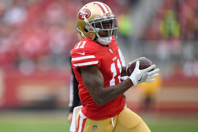 SANTA CLARA, CA - DECEMBER 24:  Marquise Goodwin #11 of the San Francisco 49ers runs up field with the ball after catching a pass against the Jacksonville Jaguars during an NFL football game at Levi's Stadium on December 24, 2017 in Santa Clara, California.  (Photo by Thearon W. Henderson/Getty Images)