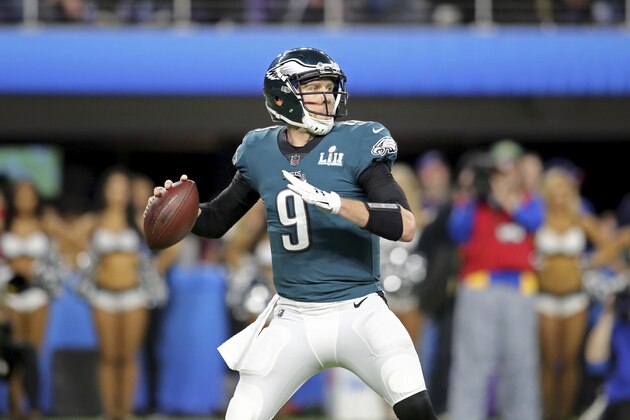 Philadelphia Eagles quarterback Nick Foles in action against the New England Patriots at Super Bowl 52 on Sunday, February 4, 2018 in Minneapolis. Philadelphia won the game 41-33.(AP Photo/Gregory Payan)
