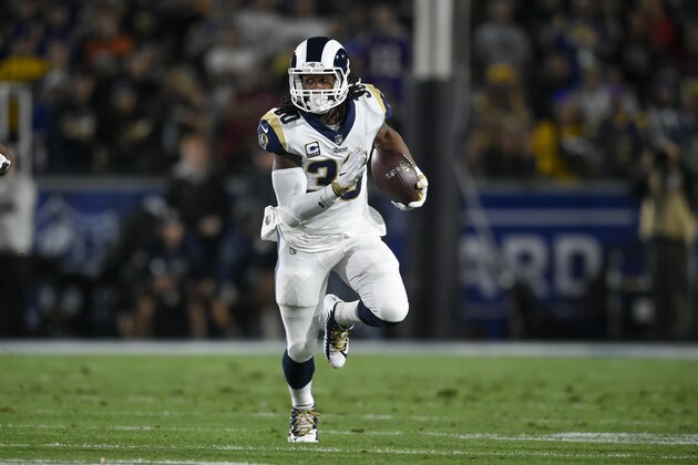 Los Angeles Rams running back Todd Gurley II in action during the first half of an NFL football wild-card playoff game against the Atlanta Falcons Saturday, Jan. 6, 2018, in Los Angeles. (AP Photo/Kelvin Kuo)