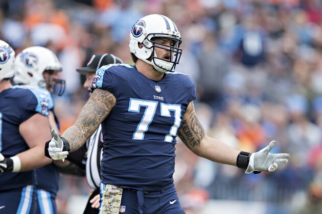 NASHVILLE, TN - NOVEMBER 12:  Taylor Lewan #77 of the Tennessee Titans questions a call during a game against the Cincinnati Bengals at Nissan Stadium on November 12, 2017 in Nashville, Tennessee.  The Titans defeated the Bengals 24-20.  (Photo by Wesley Hitt/Getty Images)