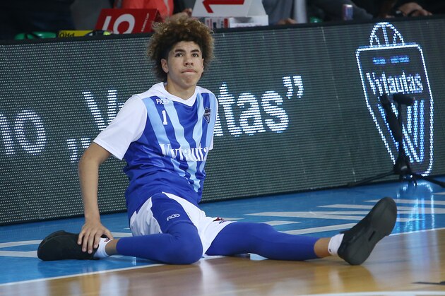PRIENAI, LITHUANIA - JANUARY 09:  LaMelo Ball of Vytautas Prienai prior to the match between Vytautas Prienai and Zalgiris Kauno on January 9, 2018 in Prienai, Lithuania.  (Photo by Alius Koroliovas/Getty Images)