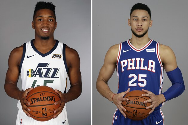 FILE - At left, in a Sept. 25, 2017, file photo, Utah Jazz's Donovan Mitchell, poses for a picture at their media day in Salt Lake City. At right, also in a Sept. 25, 2017, file photo, Philadelphia 76ers' Ben Simmons poses for a photograph at their media day in Camden, N.J. Simmons and Mitchell are unanimous selections to the NBA's All-Rookie team, Tuesday, May 22, 2018. The two guards received all 100 first-place votes from a panel of sports writers and broadcasters.(AP Photo/File)
