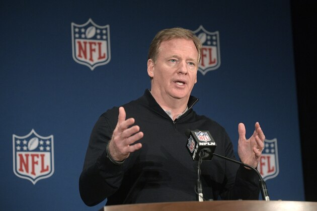 Commissioner Roger Goodell answers a question from a reporter during a news conference at the NFL owners meetings, Wednesday, March 28, 2018 in Orlando, Fla. (Phelan M. Ebenhack/AP Images for NFL)