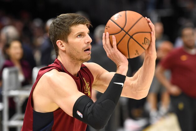 CLEVELAND, OH - JUNE 08:  Kyle Korver #26 of the Cleveland Cavaliers warms up prior to Game Four of the 2018 NBA Finals against the Golden State Warriors at Quicken Loans Arena on June 8, 2018 in Cleveland, Ohio. NOTE TO USER: User expressly acknowledges and agrees that, by downloading and or using this photograph, User is consenting to the terms and conditions of the Getty Images License Agreement.  (Photo by Jason Miller/Getty Images)