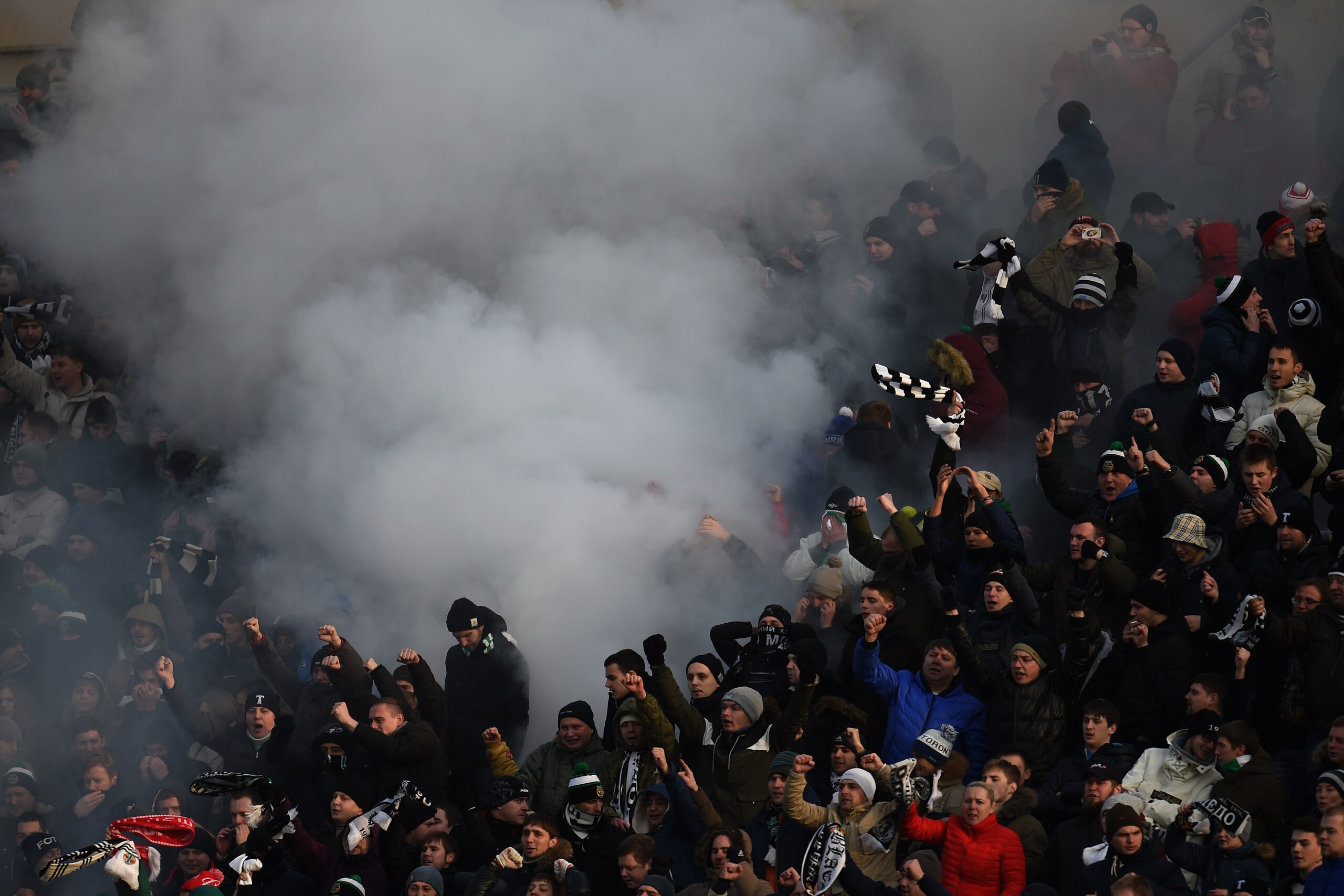 MOSCOW, RUSSIA - NOVEMBER 22: Fans of FC Torpedo Moscow during the Russian Premier League match between FC Torpedo Moscow and FC Rostov at the Eduard Streltsov Stadium on November 22, 2014 in Moscow, Russia. (Photo by Epsilon/Getty Images) MOSCOW, RUSSIA - NOVEMBER 22: Fans of FC Torpedo Moscow during the Russian Premier League match between FC Torpedo Moscow and FC Rostov at the Eduard Streltsov Stadium on November 22, 2014 in Moscow, Russia. (Photo by Epsilon/Getty Images)
