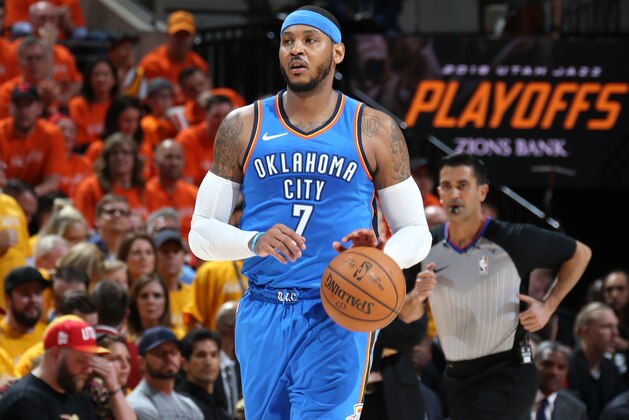 SALT LAKE CITY, UT - APRIL 21: Carmelo Anthony #7 of the Oklahoma City Thunder dribbles the ball up the court against the Utah Jazz in Game Three of Round One of the 2018 NBA Playoffs on April 21, 2018 at vivint.SmartHome Arena in Salt Lake City, Utah. NOTE TO USER: User expressly acknowledges and agrees that, by downloading and or using this Photograph, User is consenting to the terms and conditions of the Getty Images License Agreement. Mandatory Copyright Notice: Copyright 2018 NBAE (Photo by Melissa Majchrzak/NBAE via Getty Images)