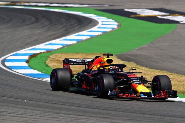 HOCKENHEIM, GERMANY - JULY 20:  Daniel Ricciardo of Australia driving the (3) Aston Martin Red Bull Racing RB14 TAG Heuer on track during practice for the Formula One Grand Prix of Germany at Hockenheimring on July 20, 2018 in Hockenheim, Germany.  (Photo by Mark Thompson/Getty Images)