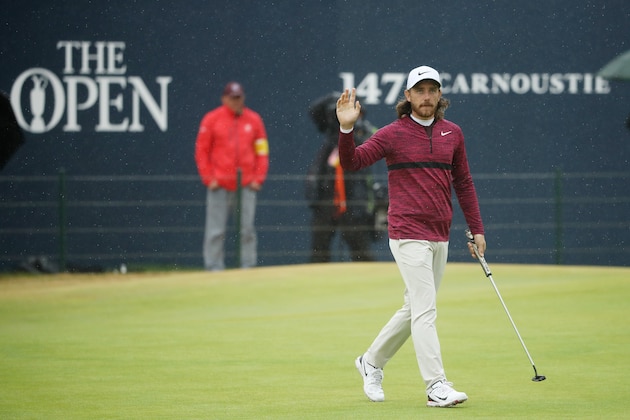 CARNOUSTIE, SCOTLAND - JULY 20:  Tommy Fleetwood of England celebrates a birdie on the 18th green during the second round of the 147th Open Championship at Carnoustie Golf Club on July 20, 2018 in Carnoustie, Scotland.  (Photo by Francois Nel/Getty Images)