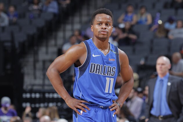 SACRAMENTO, CA - MARCH 27: Yogi Ferrell #11 of the Dallas Mavericks looks on during the game against the Sacramento Kings on March 27, 2018 at Golden 1 Center in Sacramento, California. NOTE TO USER: User expressly acknowledges and agrees that, by downloading and or using this photograph, User is consenting to the terms and conditions of the Getty Images Agreement. Mandatory Copyright Notice: Copyright 2018 NBAE (Photo by Rocky Widner/NBAE via Getty Images)