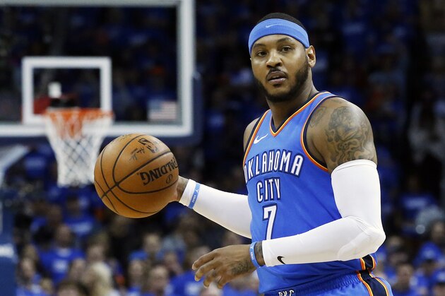 FILE - This is an April 25, 2018, file photo showing Oklahoma City Thunder forward Carmelo Anthony (7) during Game 5 of an NBA basketball first-round playoff series against the Utah Jazz, in Oklahoma Cit. Carmelo Anthony has played his last game for the Oklahoma City Thunder, barring a massive change of plans. A person with knowledge of the negotiations said Friday, July 6, 2018, that Anthony and the Thunder have mutually decided that he will not be on the team next season, though it remains unclear how that departure will actually happen. The person spoke on condition of anonymity to The Associated Press because no buyout, trade or waiving has been executed. (AP Photo/Sue Ogrocki, File)