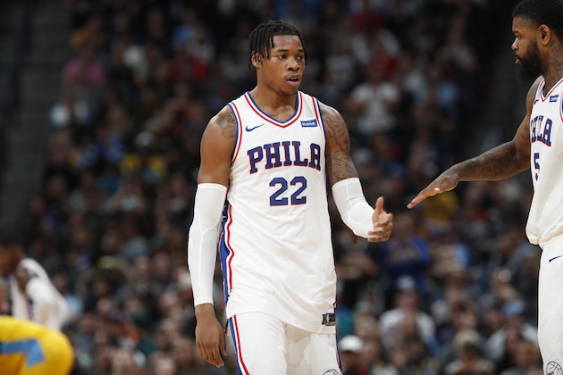 Philadelphia 76ers forward Richaun Holmes (22) in the second half of an NBA basketball game Saturday, Dec. 30, 2017, in Denver. Philadelphia won 107-102. (AP Photo/David Zalubowski)