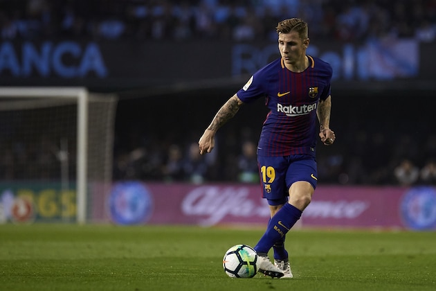 VIGO, SPAIN - APRIL 17:  Lucas Digne of FC Barcelona in action during the La Liga match between Celta de Vigo and Barcelona at Balaidos Stadium on April 17, 2018 in Vigo, Spain.  (Photo by Quality Sport Images/Getty Images)
