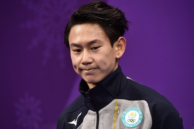Kazakhstan's Denis Ten reacts after competing in the men's single skating short program of the figure skating event during the Pyeongchang 2018 Winter Olympic Games at the Gangneung Ice Arena in Gangneung on February 16, 2018. / AFP PHOTO / ARIS MESSINIS        (Photo credit should read ARIS MESSINIS/AFP/Getty Images)