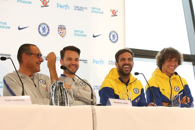 PERTH, AUSTRALIA - JULY 20: Maurizio Sarri, Cesc Fabregas and David Luiz of Chelsea address the media during a Chelsea FC press conference at Optus Stadium on July 20, 2018 in Perth, Australia.  (Photo by Paul Kane/Getty Images)