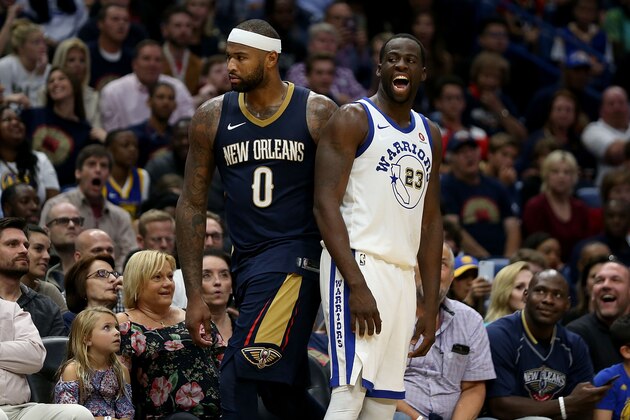 NEW ORLEANS, LA - OCTOBER 20:  DeMarcus Cousins #0 of the New Orleans Pelicans and Draymond Green #23 of the Golden State Warriors exchange words during the first half at Smoothie King Center on October 20, 2017 in New Orleans, Louisiana.  NOTE TO USER: User expressly acknowledges and agrees that, by downloading and or using this photograph, User is consenting to the terms and conditions of the Getty Images License Agreement. (Photo by Sean Gardner/Getty Images)