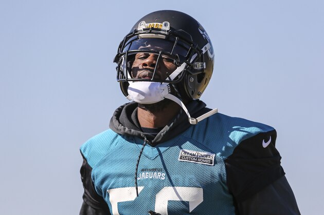 FILE - In this Jan. 19, 2018, file photo, Jacksonville Jaguars defensive end Dante Fowler (56) runs a drill during NFL football practice in Jacksonville, Fla. The Jaguars declined to exercise the fifth-year option in Fowler’s rookie contract. The decision could mean Fowler, the third overall pick in the 2015 draft who had eight sacks last year, will become a free agent in 2019. (AP Photo/Gary McCullough, File)