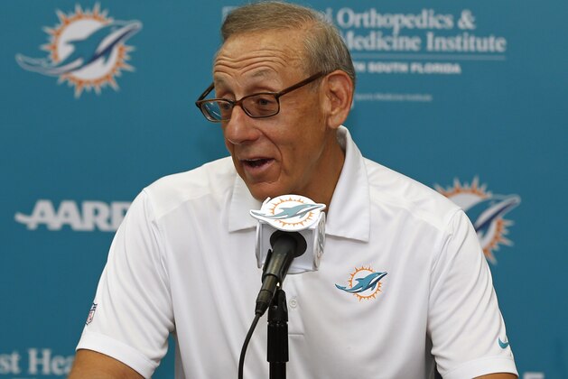 Miami Dolphins owner Stephen M. Ross speaks to the media prior to the start of the NFL football teams training camp in Davie, Fla., Friday, July 29, 2016. (AP Photo/Joel Auerbach)