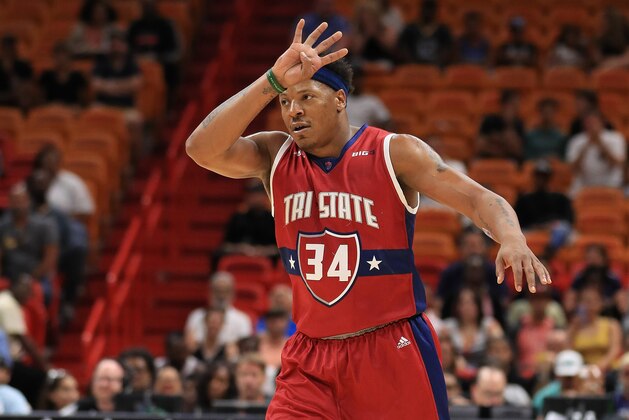 MIAMI, FL - JULY 20:  David Hawkins signals a four-point score during a game against the Ghost Ballers during Big 3-Week Five at American Airlines Arena on July 20, 2018 in Miami, Florida.  (Photo by Mike Ehrmann/Big 3/Getty Images)