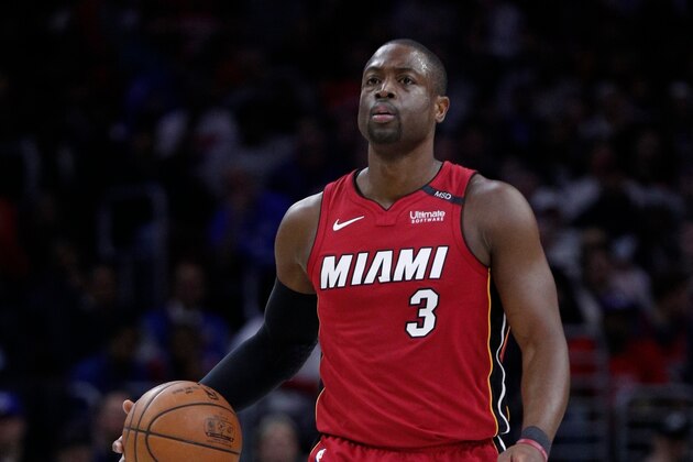 Miami Heat's Dwyane Wade in action during the first half in Game 2 of a first-round NBA basketball playoff series against the Philadelphia 76ers, Monday, April 16, 2018, in Philadelphia. The Heat won 113-103. (AP Photo/Chris Szagola)