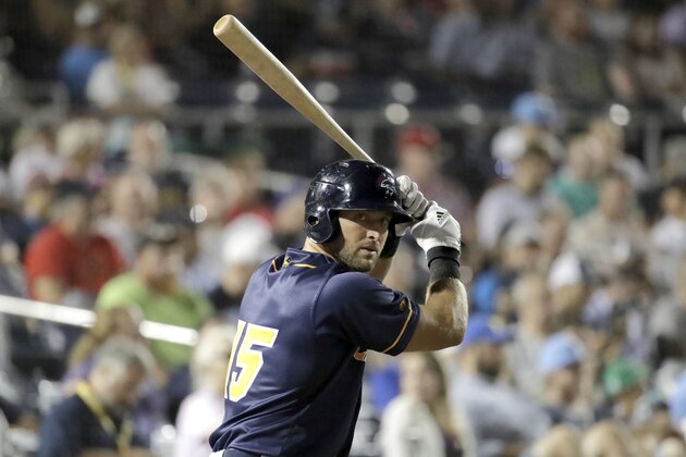 Eastern Division's Tim Tebow stands in the on-deck circle during the ninth inning of the Eastern League All-Star Double-A baseball game Wednesday, July 11, 2018, in Trenton, N.J. (AP Photo/Julio Cortez)