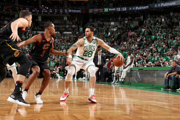 BOSTON, MA - MAY 23: Abdel Nader #28 of the Boston Celtics handles the ball against the Cleveland Cavaliers in Game Five of the Eastern Conference Finals during the 2018 NBA Playoffs on May 23, 2018 at the TD Garden in Boston, Massachusetts. NOTE TO USER: User expressly acknowledges and agrees that, by downloading and/or using this photograph, user is consenting to the terms and conditions of the Getty Images License Agreement. Mandatory Copyright Notice: Copyright 2018 NBAE (Photo by Nathaniel S. Butler/NBAE via Getty Images)