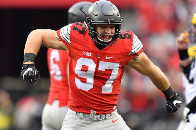 COLUMBUS, OH - NOVEMBER 26:   Nick Bosa #97 of the Ohio State Buckeyes celebrates a sack against the Michigan Wolverines at Ohio Stadium on November 26, 2016 in Columbus, Ohio.  (Photo by Jamie Sabau/Getty Images)