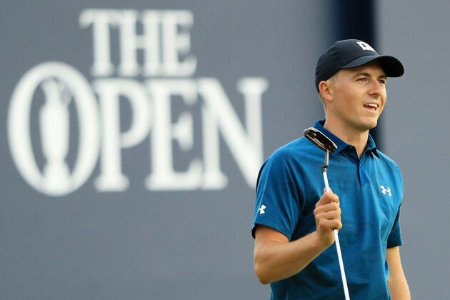 CARNOUSTIE, SCOTLAND - JULY 21:  Jordan Spieth of the United States acknowledges the crowd on the 18th green during the third round of the 147th Open Championship at Carnoustie Golf Club on July 21, 2018 in Carnoustie, Scotland.  (Photo by Andrew Redington/Getty Images)