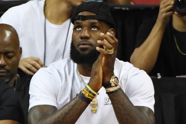 LAS VEGAS, NV - JULY 15:  LeBron James of the Los Angeles Lakers attends a quarterfinal game of the 2018 NBA Summer League between the Lakers and the Detroit Pistons at the Thomas & Mack Center on July 15, 2018 in Las Vegas, Nevada. NOTE TO USER: User expressly acknowledges and agrees that, by downloading and or using this photograph, User is consenting to the terms and conditions of the Getty Images License Agreement.  (Photo by Ethan Miller/Getty Images)