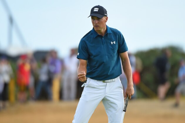 US golfer Jordan Spieth reacts to making a putt on the 16th green during his third round on day 3 of The 147th Open golf Championship at Carnoustie, Scotland on July 21, 2018. (Photo by Andy BUCHANAN / AFP)        (Photo credit should read ANDY BUCHANAN/AFP/Getty Images)