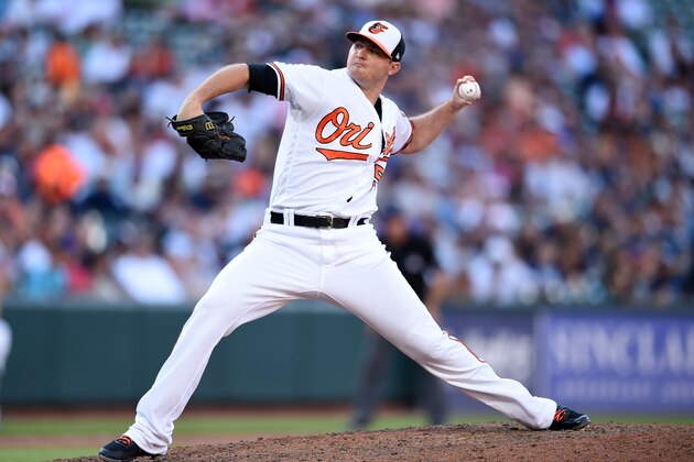 BALTIMORE, MD - JULY 09:  Zach Britton #53 of the Baltimore Orioles pitches during game one of a doubleheader baseball game against the New York Yankees at Oriole Park at Camden Yards on July 9, 2018 in Baltimore, Maryland.  The Orioles won 5-4.  (Photo by Mitchell Layton/Getty Images)