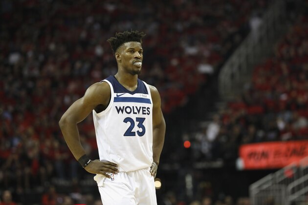 HOUSTON, TX - APRIL 25:  Jimmy Butler #23 of the Minnesota Timberwolves reacts in the second half during Game Five of the first round of the 2018 NBA Playoffs against the Houston Rockets at Toyota Center on April 25, 2018 in Houston, Texas.  NOTE TO USER: User expressly acknowledges and agrees that, by downloading and or using this photograph, User is consenting to the terms and conditions of the Getty Images License Agreement.  (Photo by Tim Warner/Getty Images)