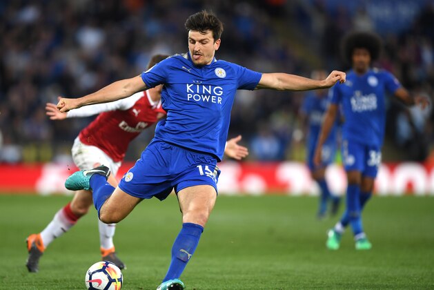 LEICESTER, ENGLAND - MAY 09:  Harry Maguire of Leicster City  runs with the ball during the Premier League match between Leicester City and Arsenal at The King Power Stadium on May 9, 2018 in Leicester, England.  (Photo by Shaun Botterill/Getty Images)