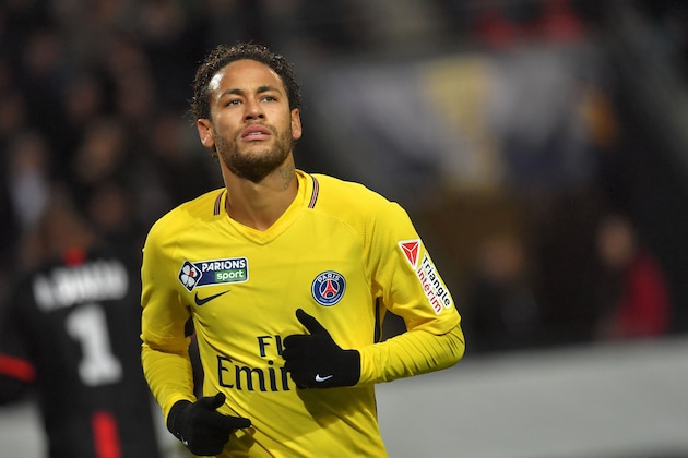 Paris Saint-Germain's Brazilian forward Neymar during the French League Cup football semi-final match between Rennes and Paris Saint-Germain at the Roazhon Park stadium in Rennes on January 30, 2018. / AFP PHOTO / LOIC VENANCE        (Photo credit should read LOIC VENANCE/AFP/Getty Images)