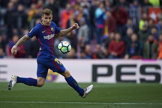 BARCELONA, SPAIN - FEBRUARY 11:  Lucas Digne of Barcelona in action during the La Liga match between Barcelona and Getafe at Camp Nou on February 11, 2018 in Barcelona, Spain.  (Photo by Quality Sport Images/Getty Images)
