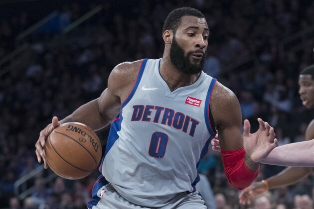 Detroit Pistons center Andre Drummond handles the ball during the first half of an NBA basketball game against the New York Knicks, Saturday, March 31, 2018, at Madison Square Garden in New York. (AP Photo/Mary Altaffer)