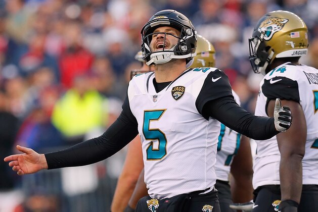 FOXBOROUGH, MA - JANUARY 21: Blake Bortles #5 of the Jacksonville Jaguars reacts after a penalty call in the second quarter during the AFC Championship Game against the New England Patriots at Gillette Stadium on January 21, 2018 in Foxborough, Massachusetts.  (Photo by Kevin C. Cox/Getty Images)