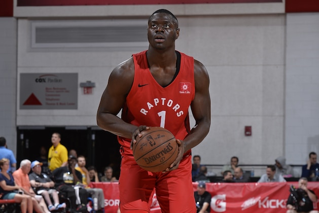 LAS VEGAS, NV - JULY 11:  Rawle Alkins #1 of the Toronto Raptors shoots a free throw against the Denver Nuggets during the 2018 Las Vegas Summer League on July 11, 2018 at the Cox Pavilion in Las Vegas, Nevada. NOTE TO USER: User expressly acknowledges and agrees that, by downloading and/or using this photograph, user is consenting to the terms and conditions of the Getty Images License Agreement. Mandatory Copyright Notice: Copyright 2018 NBAE (Photo by David Dow/NBAE via Getty Images)
