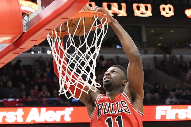 Chicago Bulls guard David Nwaba (11) dunks the ball against the Portland Trail Blazers during the first half of an NBA basketball game, Monday, Jan. 1, 2018, in Chicago. (AP Photo/David Banks)
